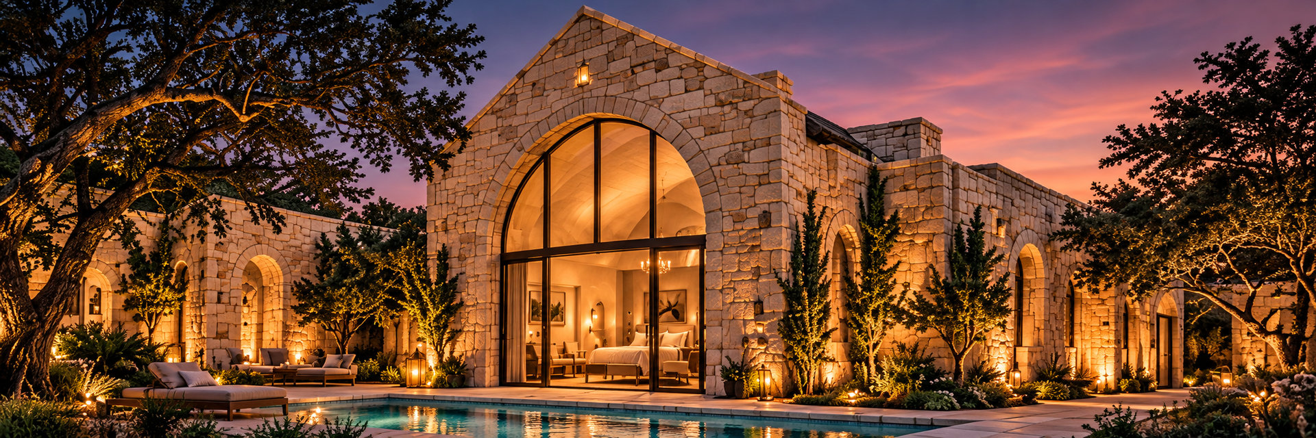 Concept rendering of a stone suite with arched glazing in a wooded Hill Country setting