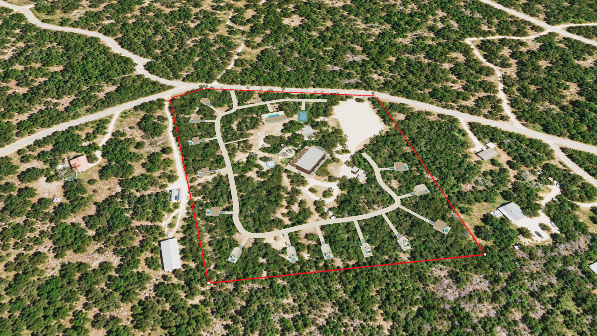 Matching resort view with suites, roads, clubhouse and pickleball court